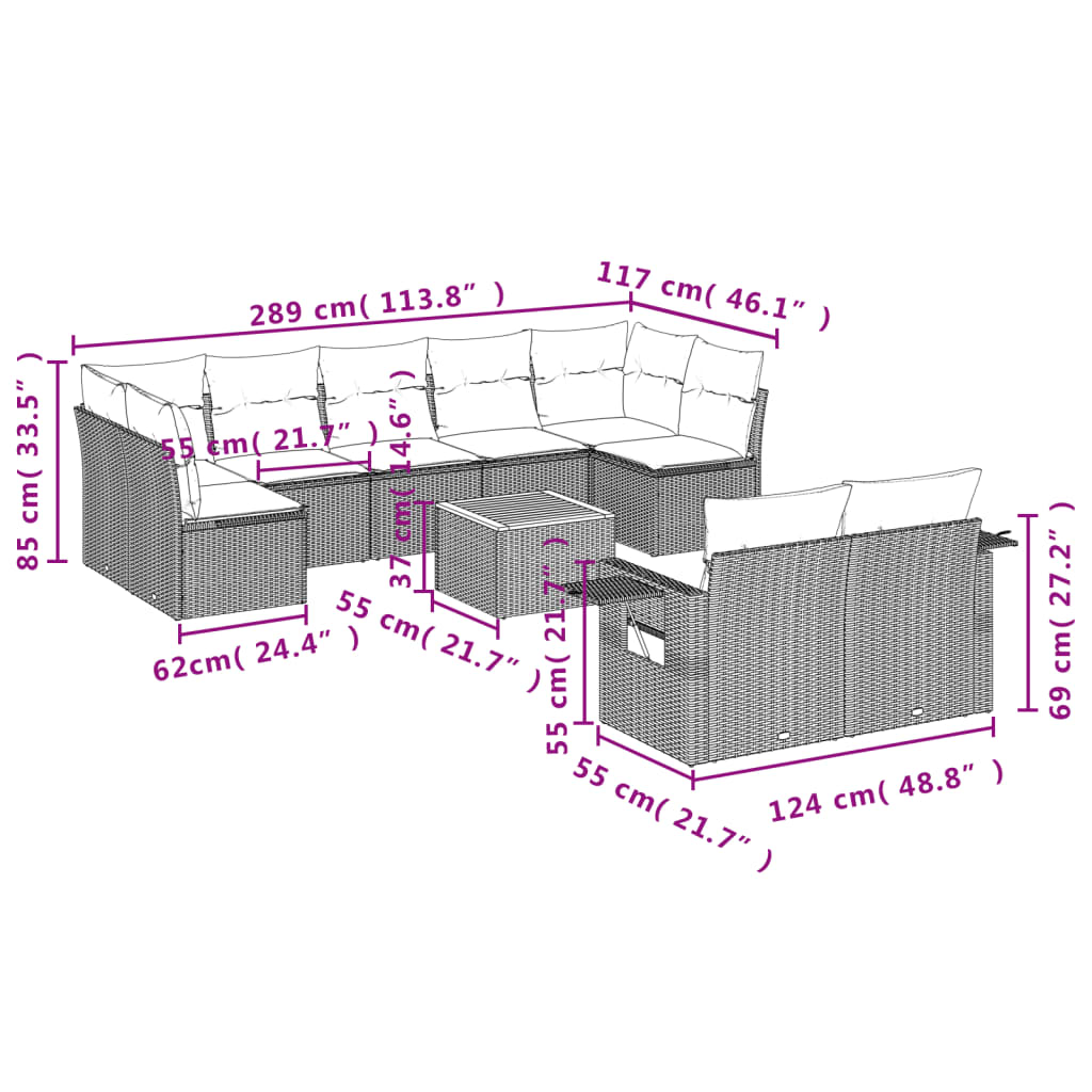 vidaXL 10-tlg. Garten-Sofagarnitur mit Kissen Schwarz Poly Rattan