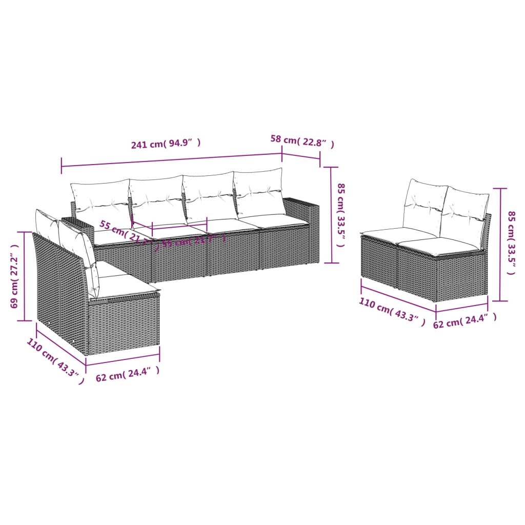 vidaXL 8-tlg. Garten-Sofagarnitur mit Kissen Grau Poly Rattan