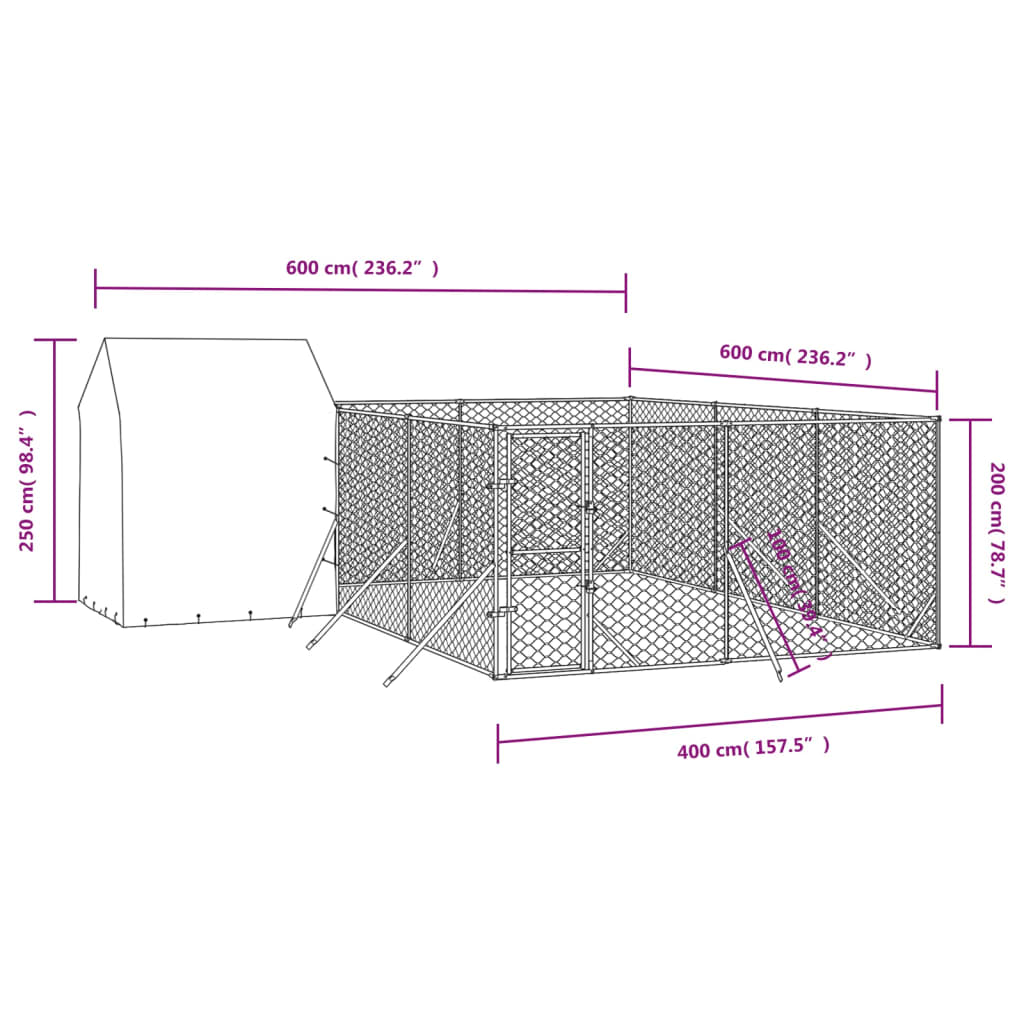 vidaXL Outdoor-Hundezwinger mit Dach Silbern 6x6x2,5m Verzinkter Stahl