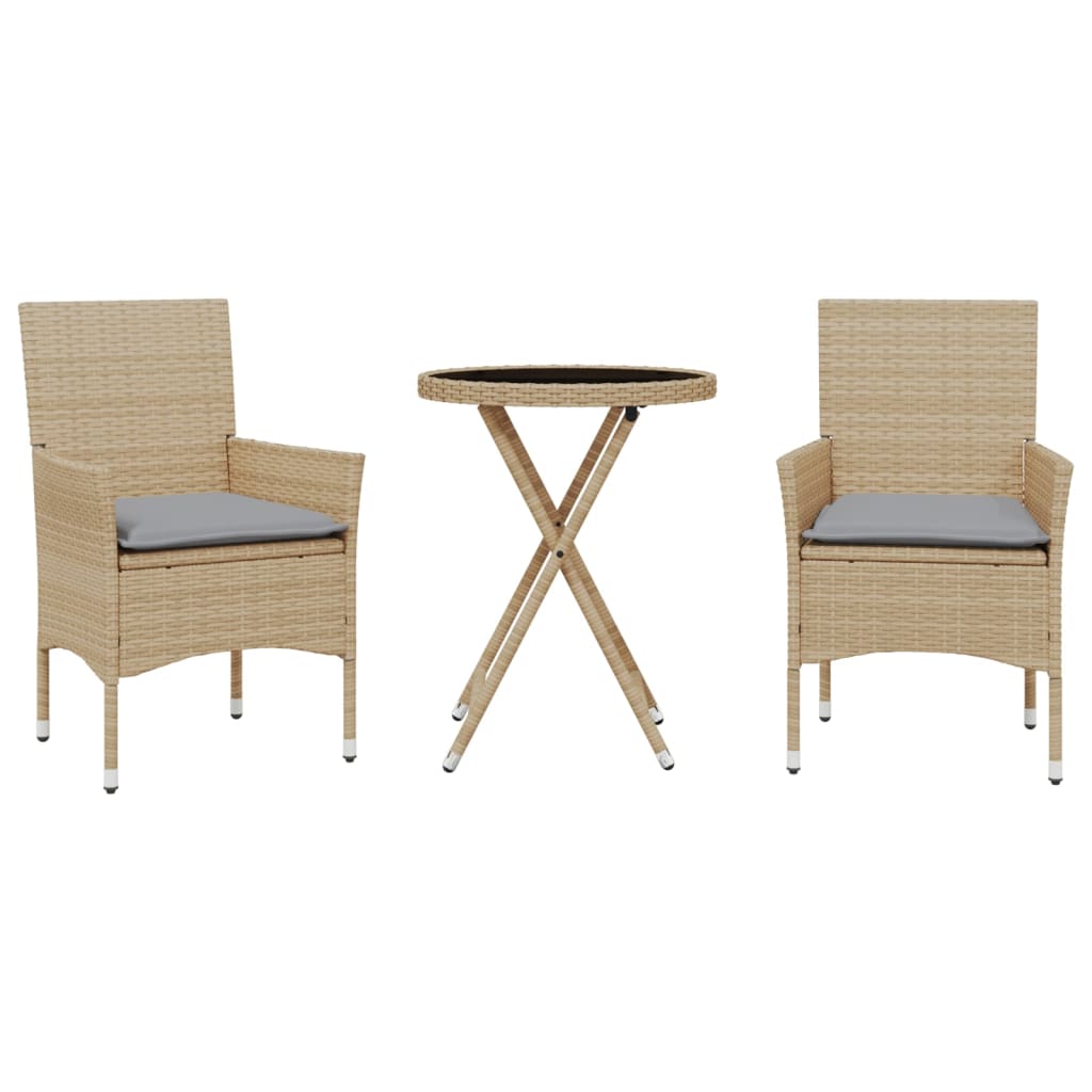 vidaXL 3-tlg. Bistro-Set mit Kissen Beige Poly Rattan und Glas