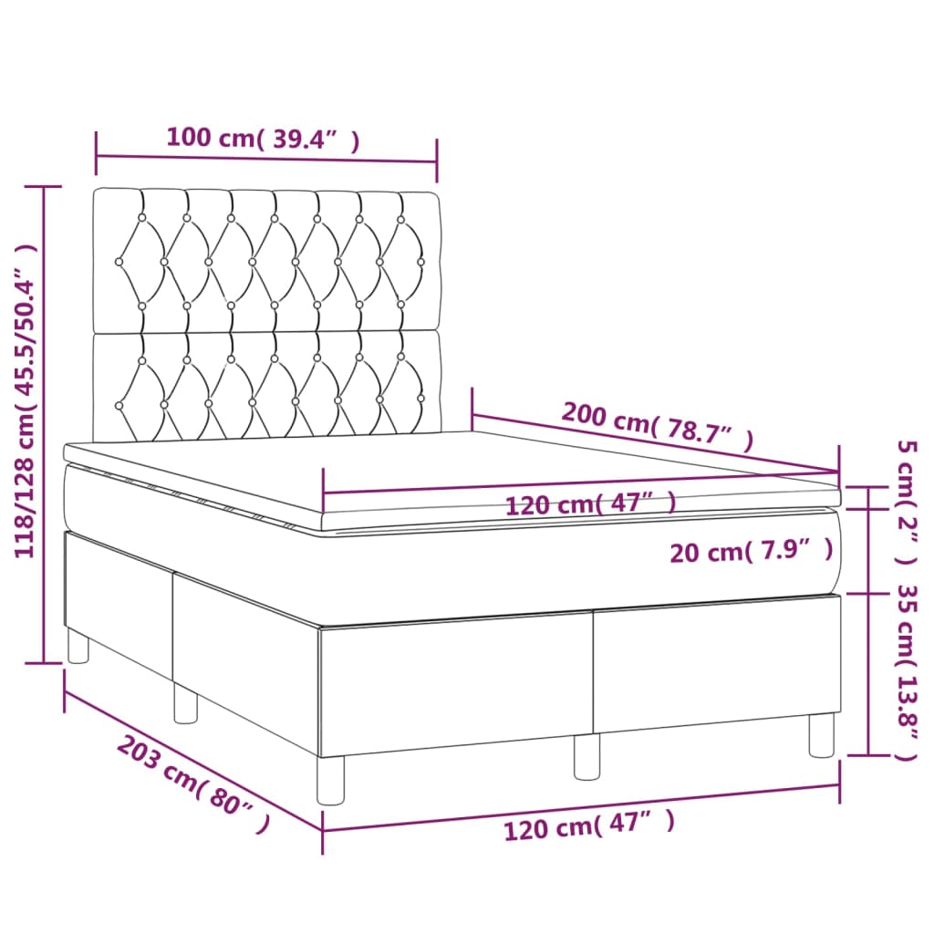 vidaXL Boxspringbett mit Matratze & LED Hellgrau 120x200 cm Stoff