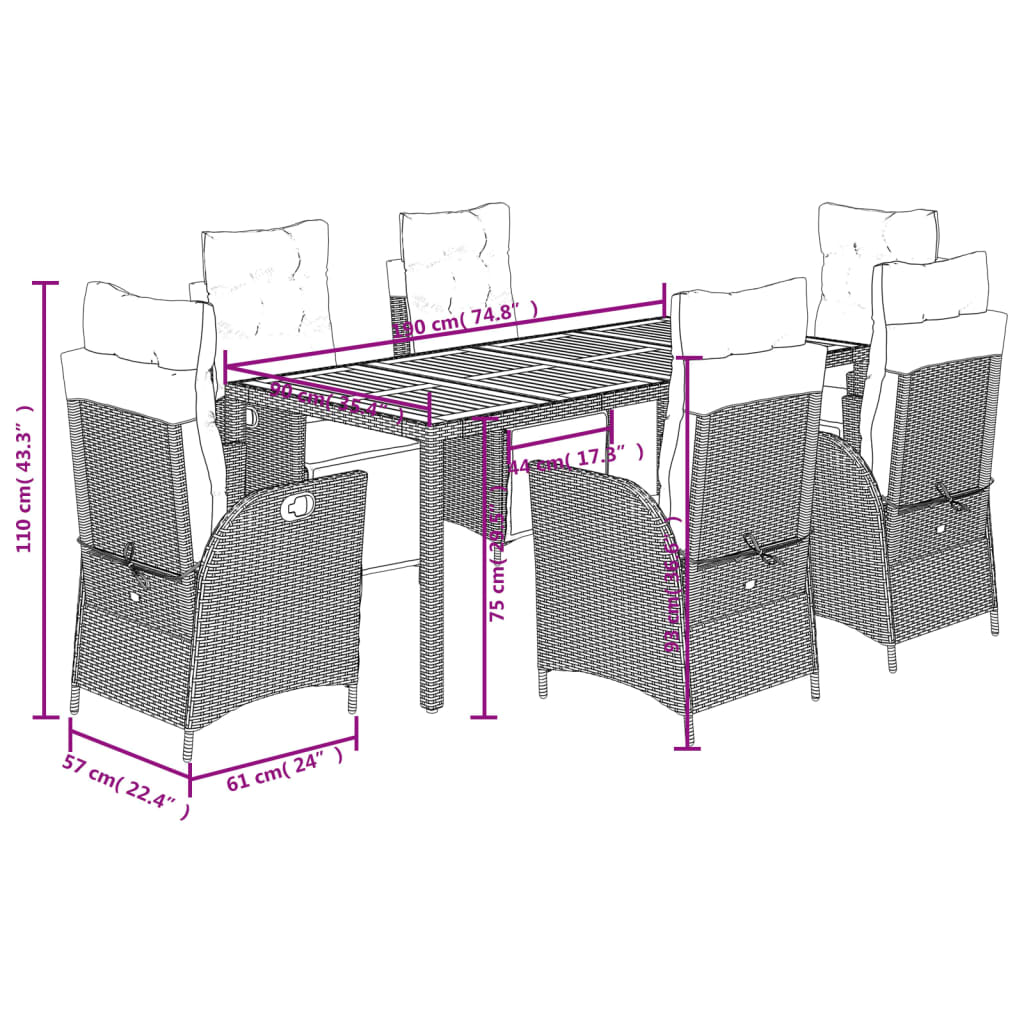 vidaXL 7-tlg. Garten-Essgruppe mit Kissen Schwarz Poly Rattan