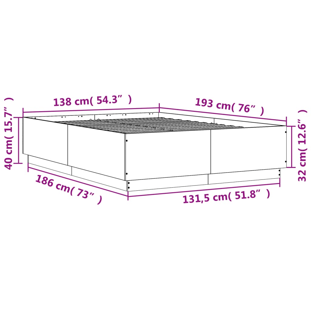 vidaXL Bettgestell mit LED Grau Sonoma 135x190 cm Holzwerkstoff