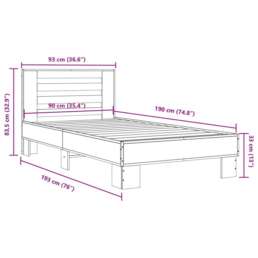 vidaXL Bettgestell Räuchereiche 90x190 cm Holzwerkstoff und Metall