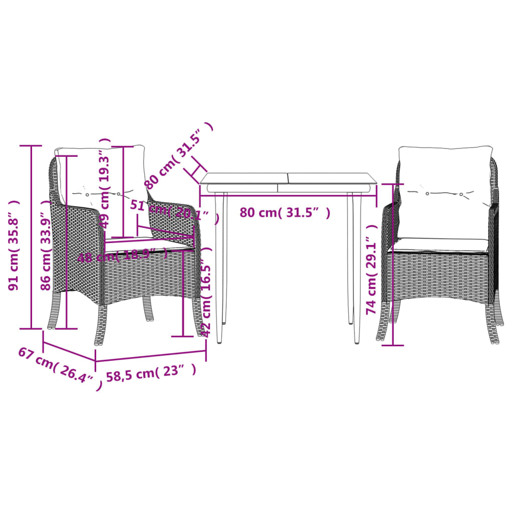 vidaXL 3-tlg. Garten-Essgruppe mit Kissen Grau Poly Rattan