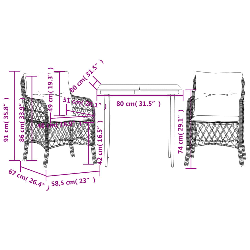 vidaXL 3-tlg. Bistro-Set mit Kissen Braun Poly Rattan