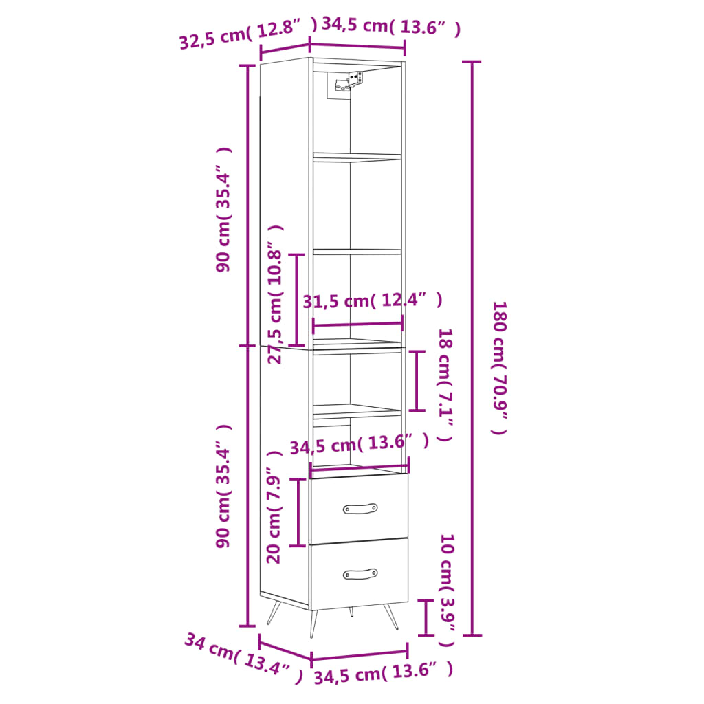 vidaXL Highboard Schwarz 34,5x34x180 cm Holzwerkstoff