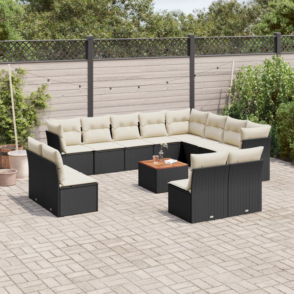 vidaXL 13-tlg. Garten-Sofagarnitur mit Kissen Schwarz Poly Rattan