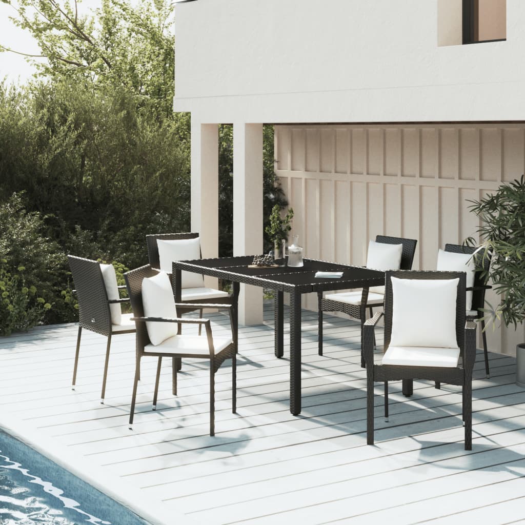 vidaXL 7-tlg. Garten-Essgruppe mit Kissen Schwarz Poly Rattan