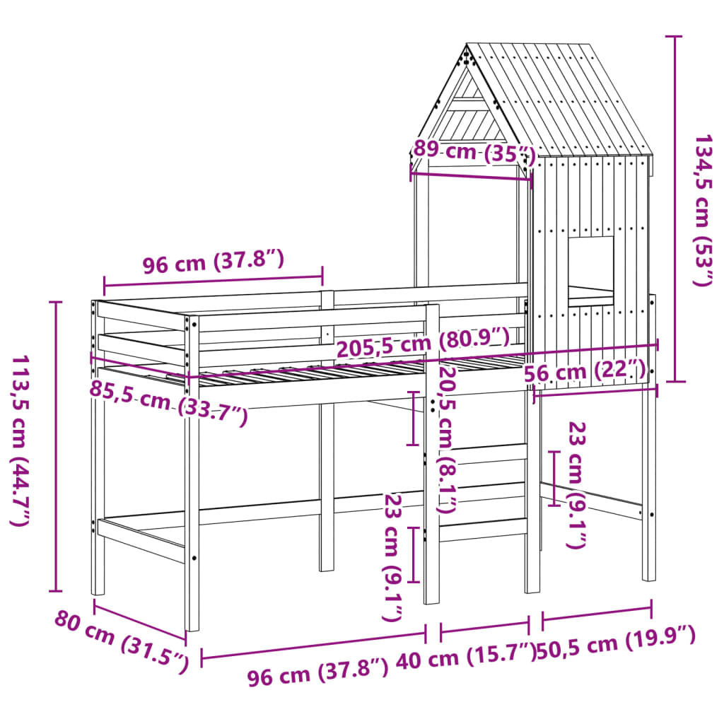 vidaXL Hochbett mit Leiter und Dach 80x200 cm Massivholz Kiefer