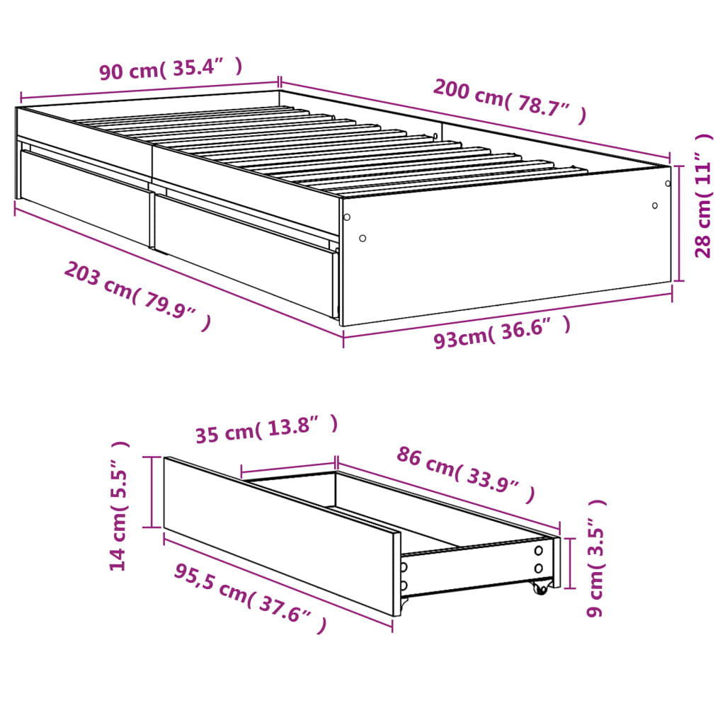 vidaXL Bettgestell mit Schubladen Sonoma-Eiche 90x200cm Holzwerkstoff