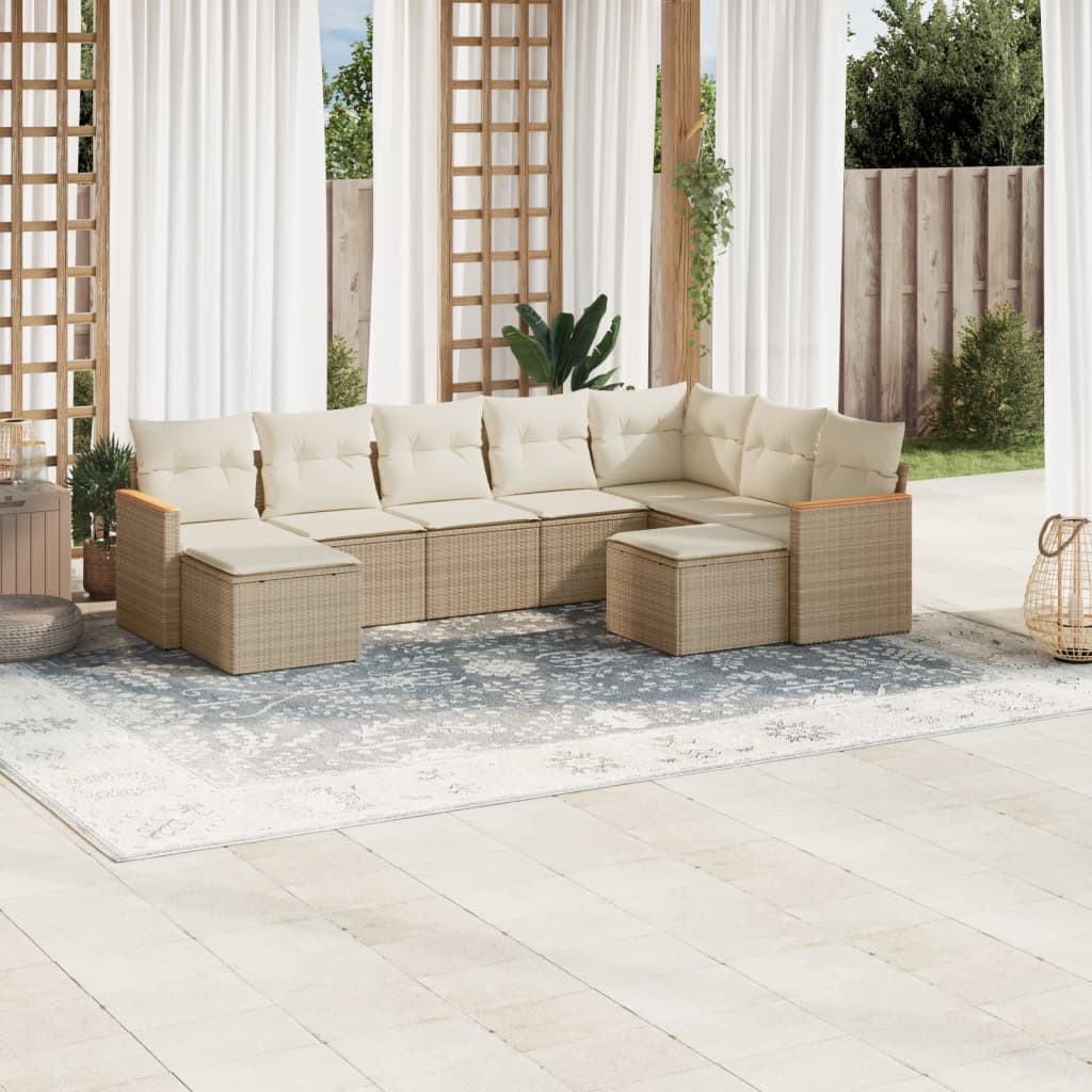 vidaXL 9-tlg. Garten-Sofagarnitur mit Kissen Beige Poly Rattan