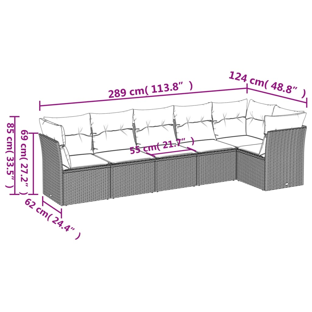 vidaXL 6-tlg. Garten-Sofagarnitur mit Kissen Braun Poly Rattan