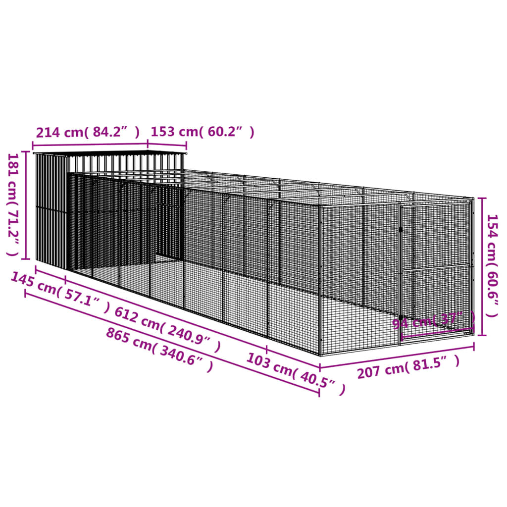 vidaXL Hundehütte mit Auslauf Anthrazit 214x865x181cm Verzinkter Stahl