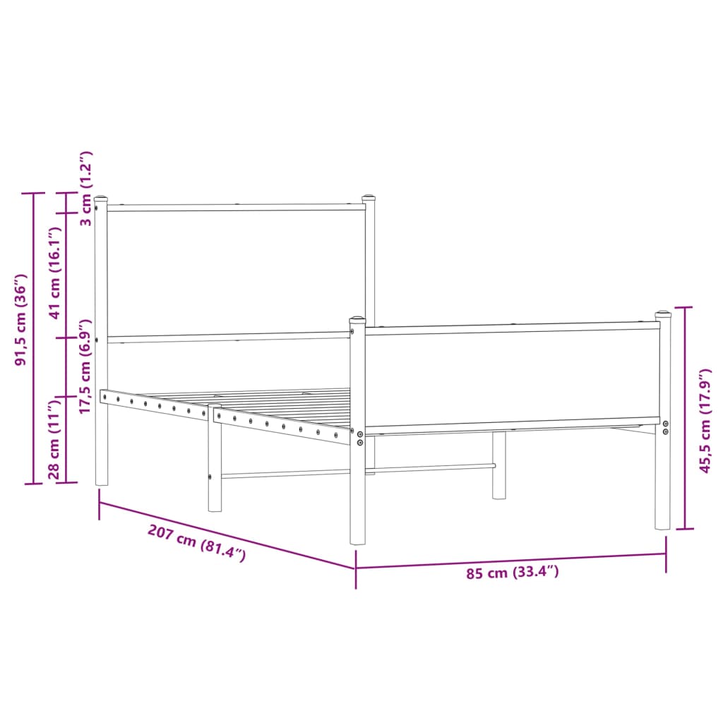 vidaXL Bettgestell mit Kopf- und Fußteil Metall 80x200 cm