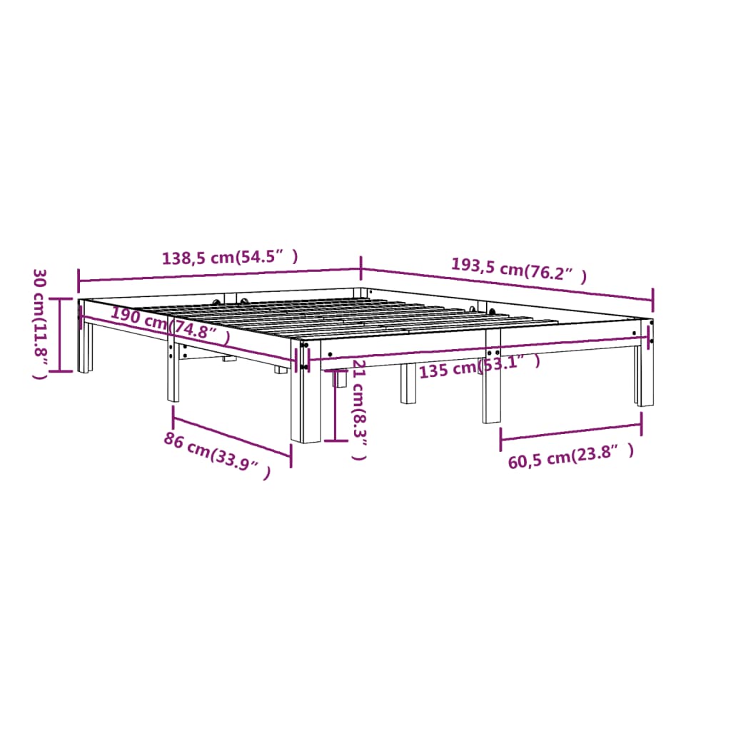 vidaXL Massivholzbett Schwarz 135x190 cm