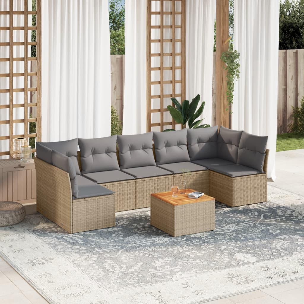 vidaXL 8-tlg. Garten-Sofagarnitur mit Kissen Beige Poly Rattan