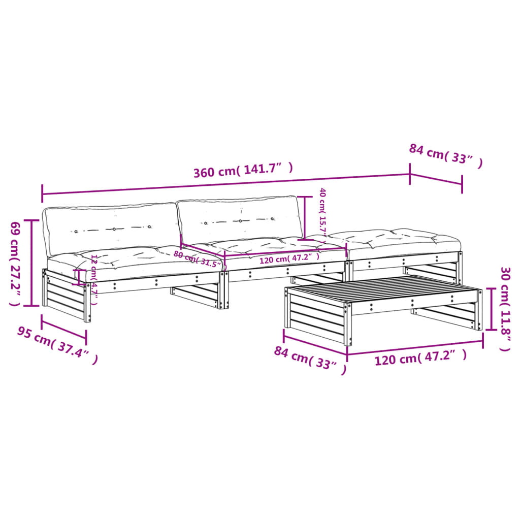 vidaXL 4-tlg. Garten-Lounge-Set mit Kissen Honigbraun Massivholz