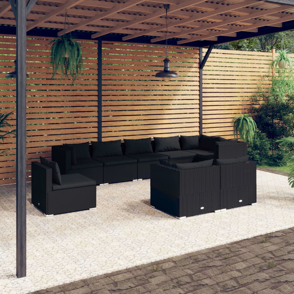 vidaXL 9-tlg. Garten-Lounge-Set mit Kissen Poly Rattan Schwarz