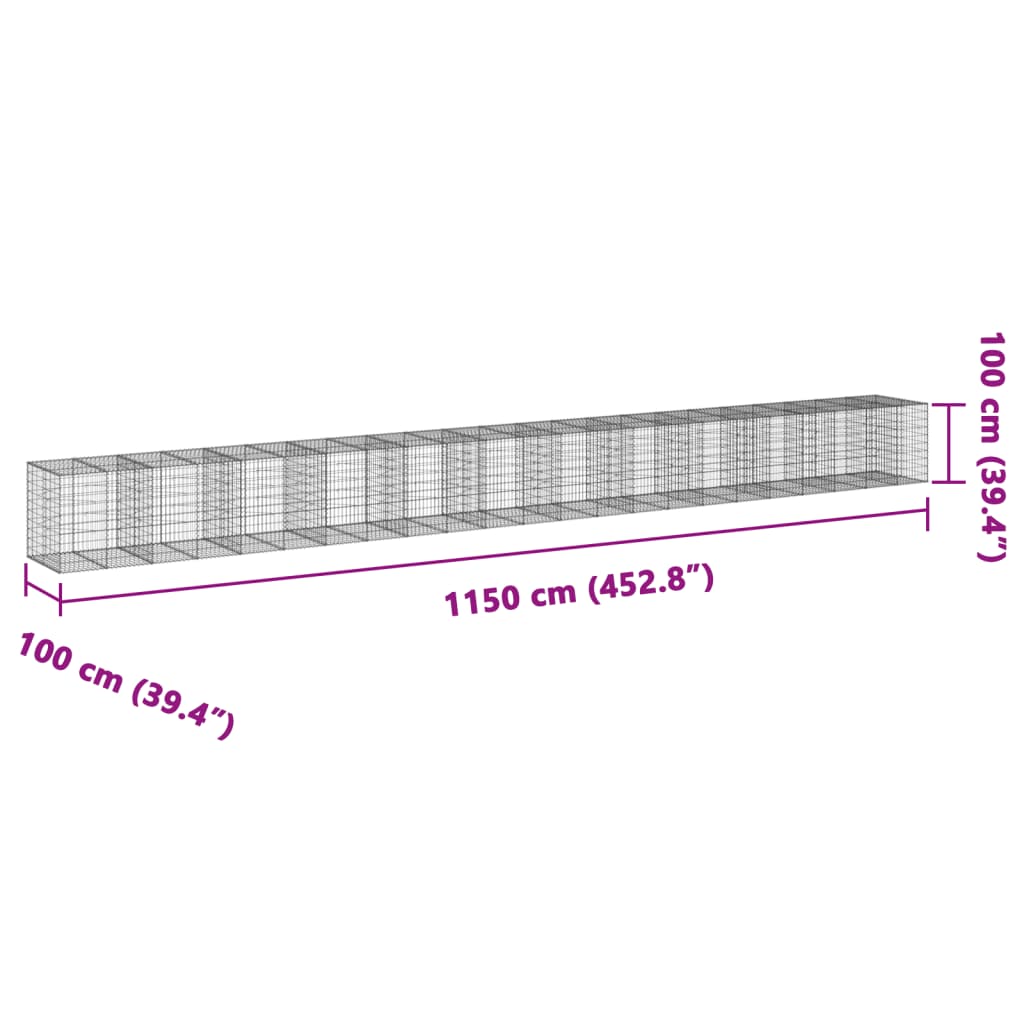 vidaXL Gabione mit Deckel 1150x100x100 cm Verzinktes Eisen