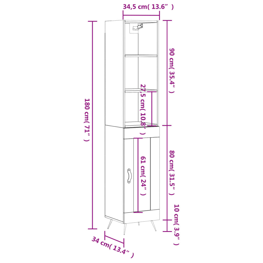 vidaXL Highboard Schwarz 34,5x34x180 cm Holzwerkstoff