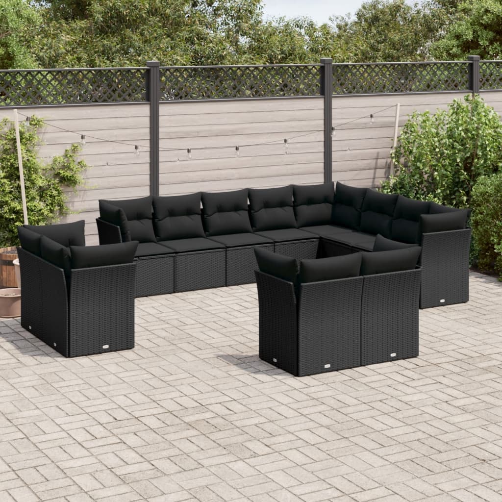 vidaXL 12-tlg. Garten-Sofagarnitur mit Kissen Schwarz Poly Rattan