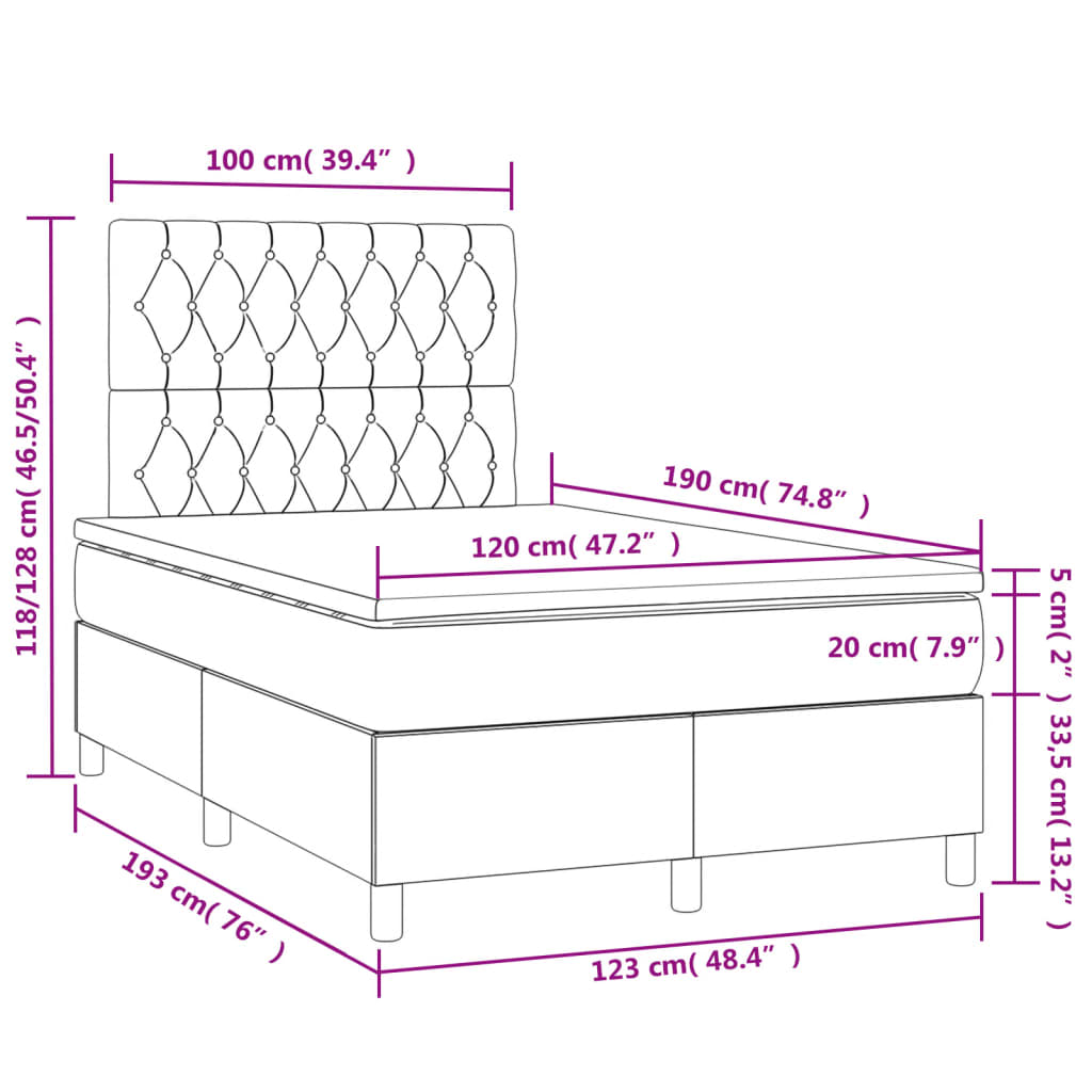 vidaXL Boxspringbett mit Matratze & LED Creme 120x190 cm Stoff