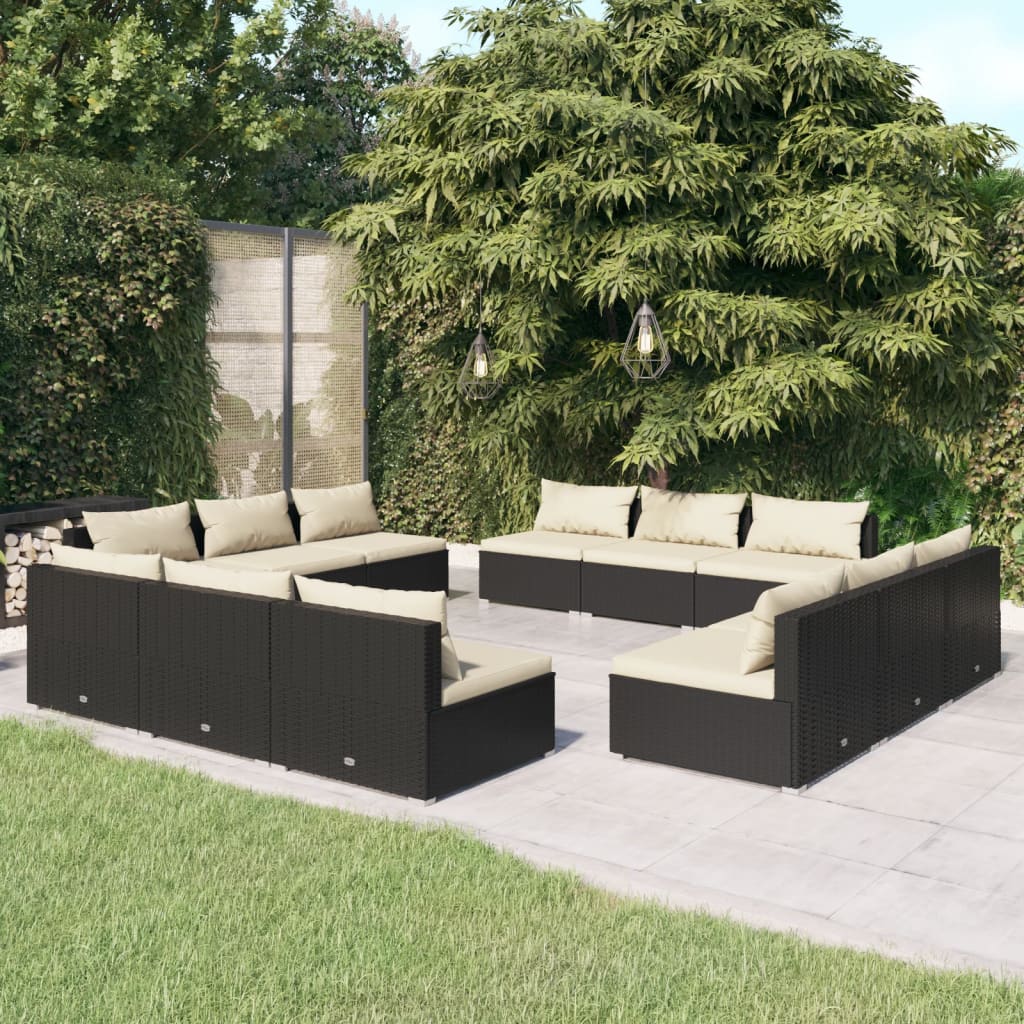 vidaXL 12-tlg. Garten-Lounge-Set mit Kissen Poly Rattan Schwarz