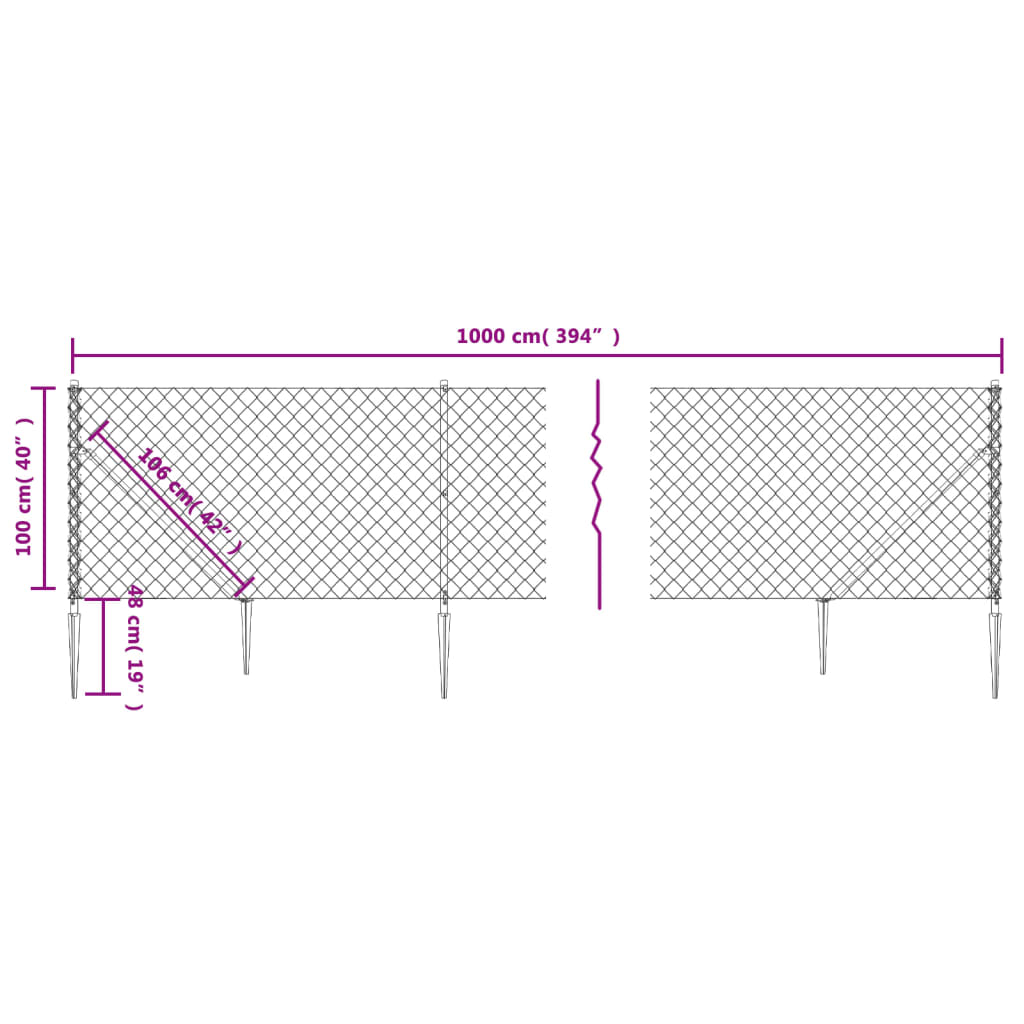 vidaXL Maschendrahtzaun mit Bodenhülsen Silbern 1x10 m