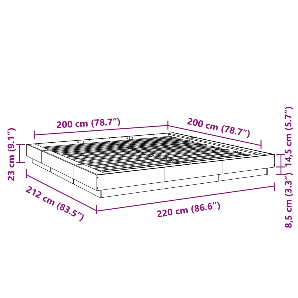 vidaXL Bettgestell mit LED Betongrau 200x200 cm Holzwerkstoff