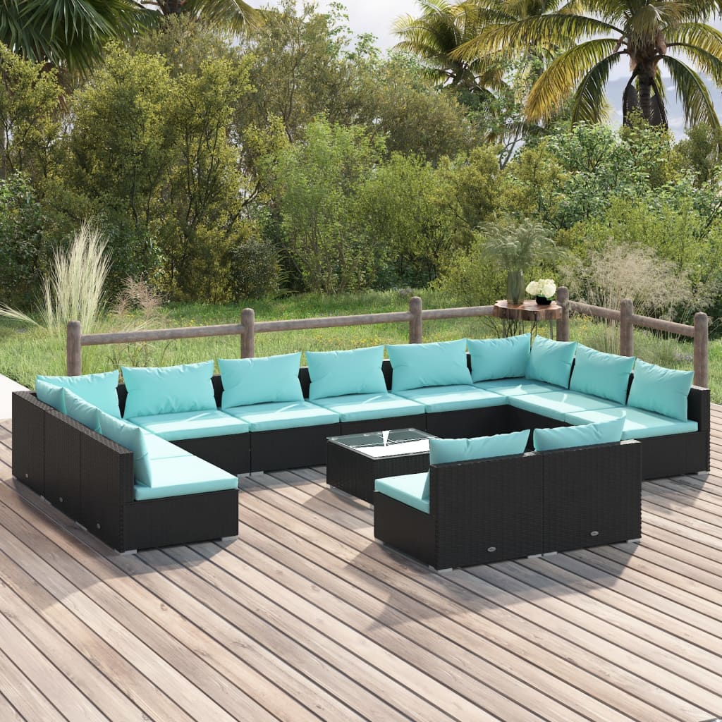 vidaXL 13-tlg. Garten-Lounge-Set mit Kissen Schwarz Poly Rattan