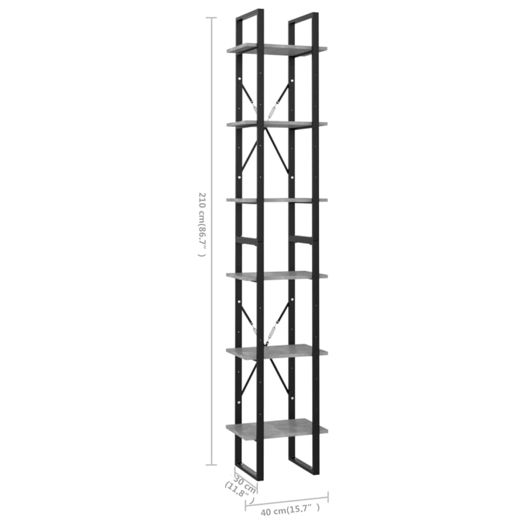 vidaXL Bücherregal 6 Fächer Betongrau 40x30x210 cm Holzwerkstoff