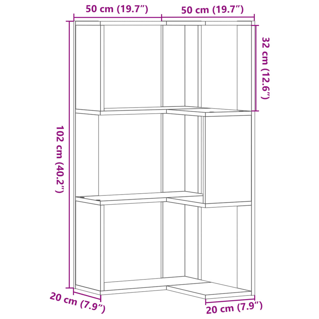 vidaXL Eck-Bücherregal 3 Böden Grau Sonoma 50x50x102 cm Holzwerkstoff