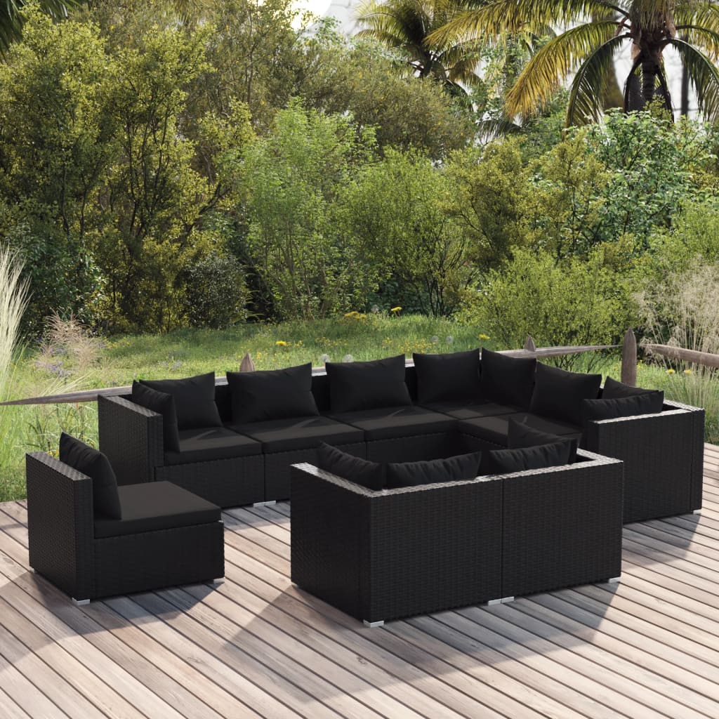 vidaXL 9-tlg. Garten-Lounge-Set mit Kissen Poly Rattan Schwarz