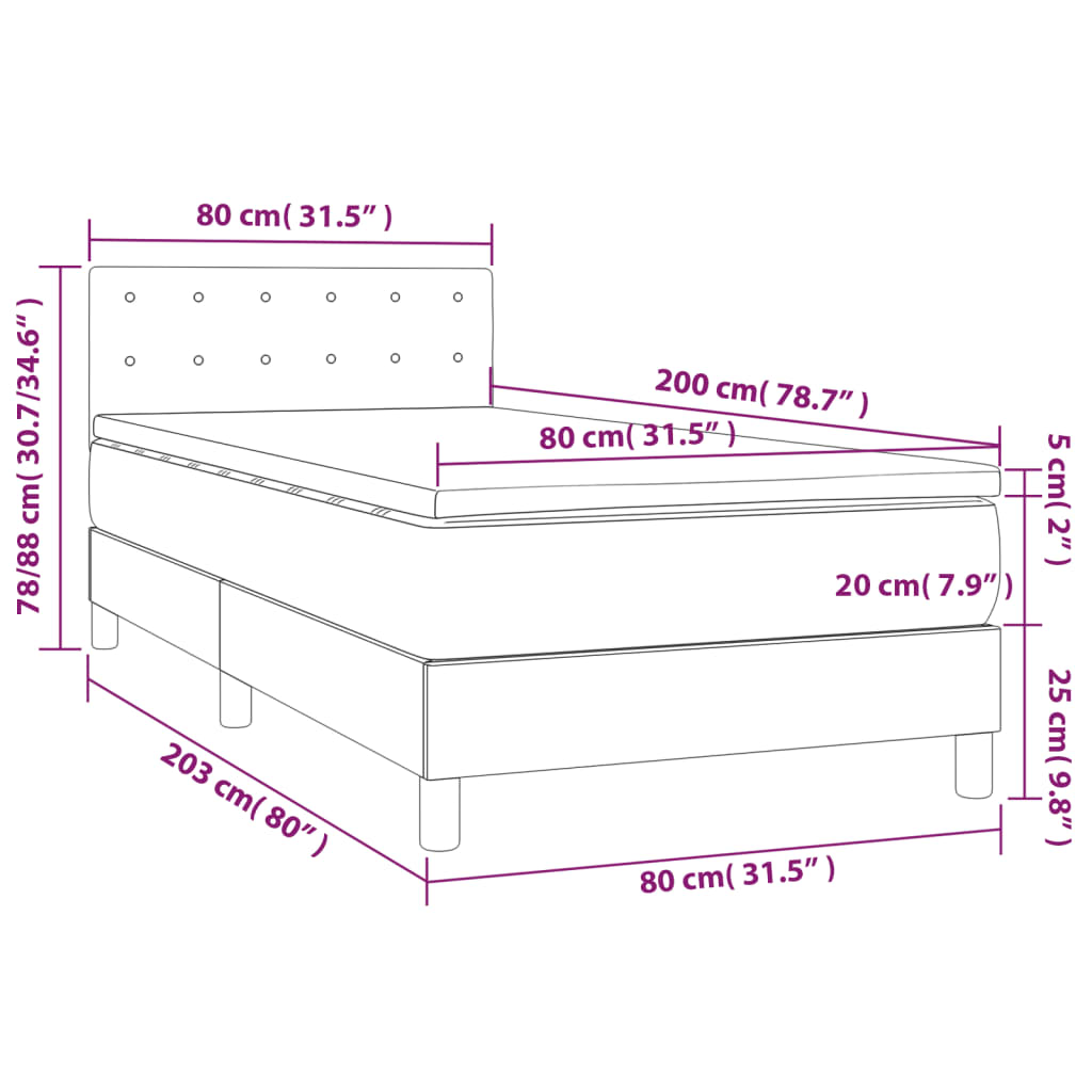 vidaXL Boxspringbett mit Matratze & LED Dunkelgrau 80x200 cm Samt