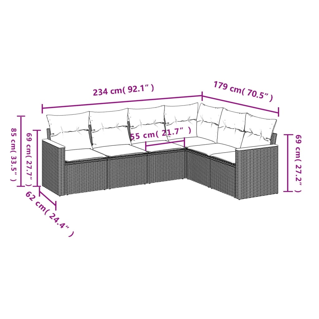 vidaXL 6-tlg. Garten-Sofagarnitur mit Kissen Schwarz Poly Rattan