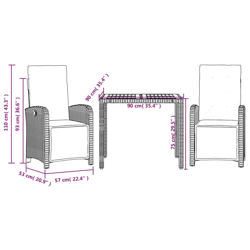 vidaXL 3-tlg. Bistro-Set mit Kissen Schwarz Poly Rattan