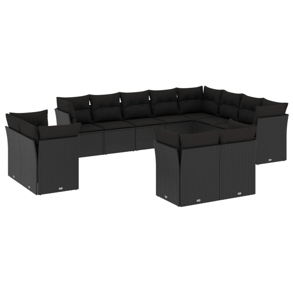 vidaXL 12-tlg. Garten-Sofagarnitur mit Kissen Schwarz Poly Rattan