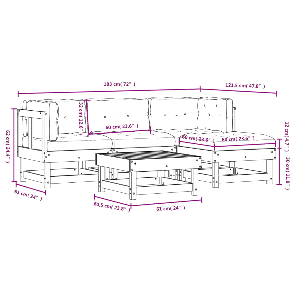 vidaXL 5-tlg. Garten-Lounge-Set mit Kissen Weiß Massivholz