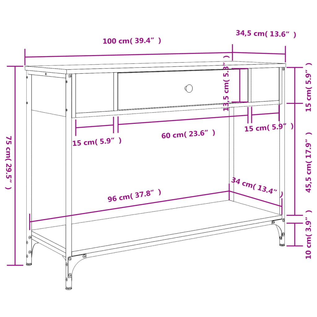 vidaXL Konsolentisch Grau Sonoma 100x34,5x75 cm Holzwerkstoff