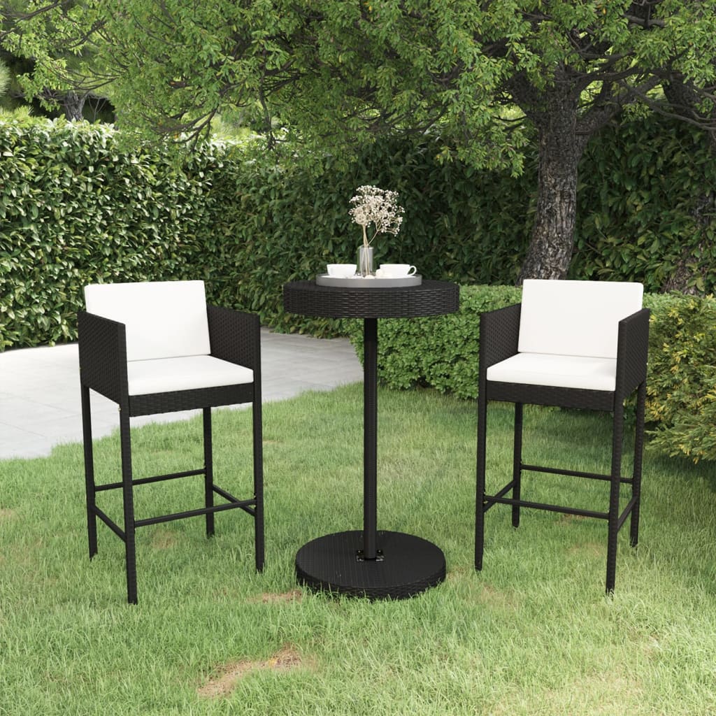 vidaXL 3-tlg. Gartenbar-Set mit Kissen Poly Rattan Schwarz