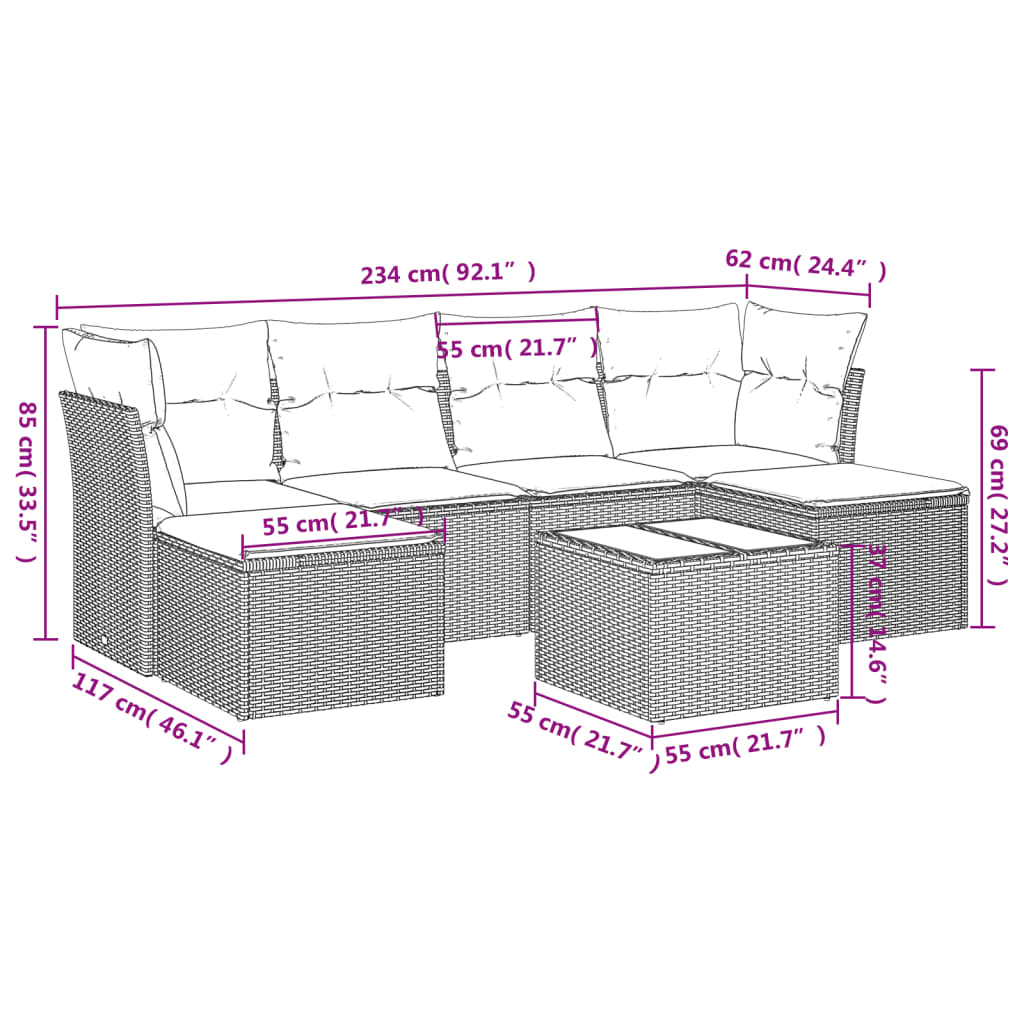 vidaXL 7-tlg. Garten-Sofagarnitur mit Kissen Schwarz Poly Rattan