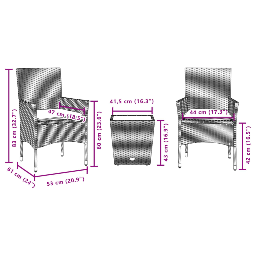 vidaXL 3-tlg. Bistro-Set mit Kissen Beige Poly Rattan und Glas