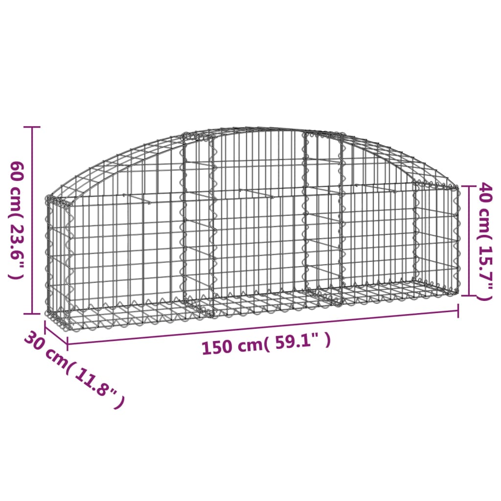 vidaXL Gabione mit Hochbogen 150x30x40/60 cm Verzinktes Eisen