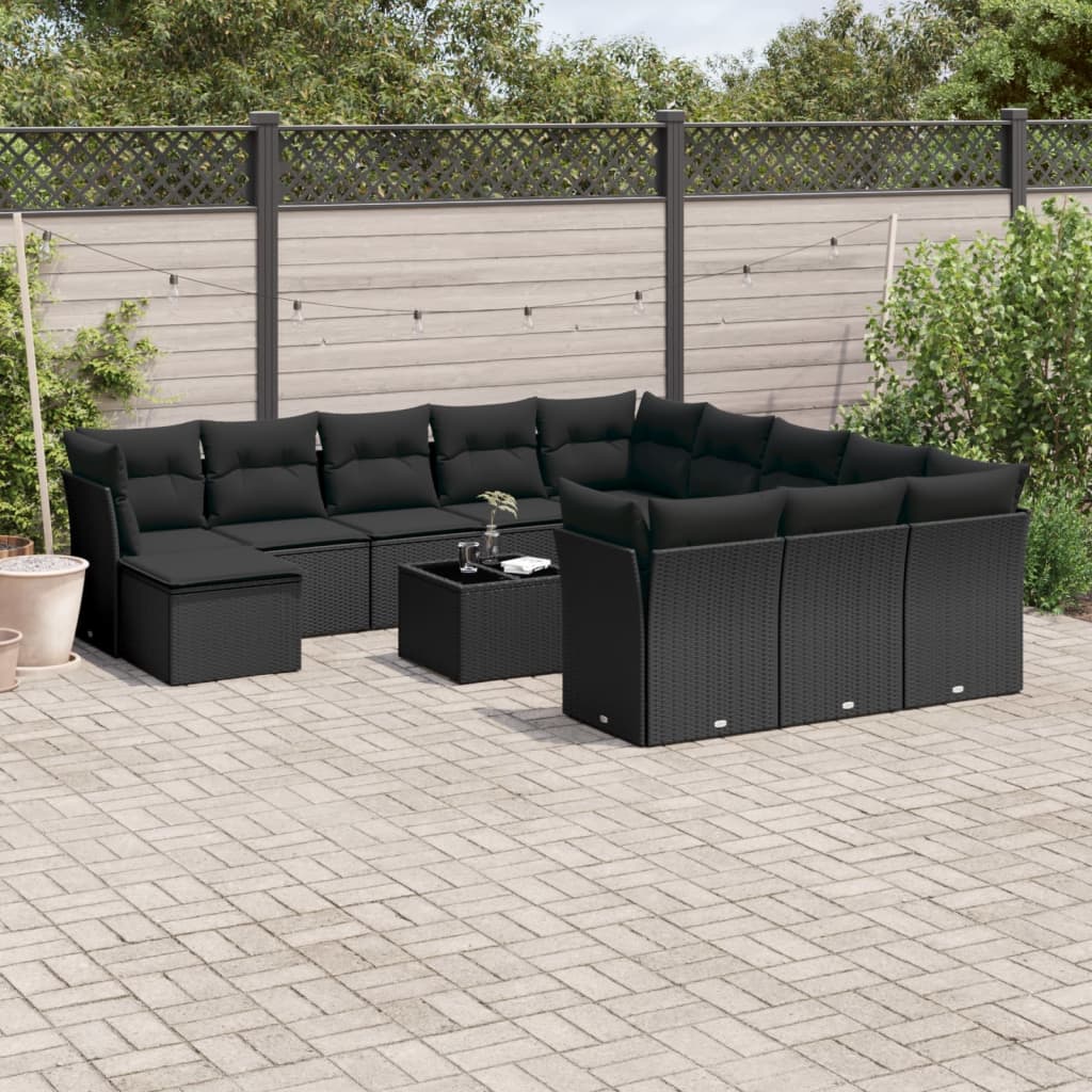 vidaXL 13-tlg. Garten-Sofagarnitur mit Kissen Schwarz Poly Rattan