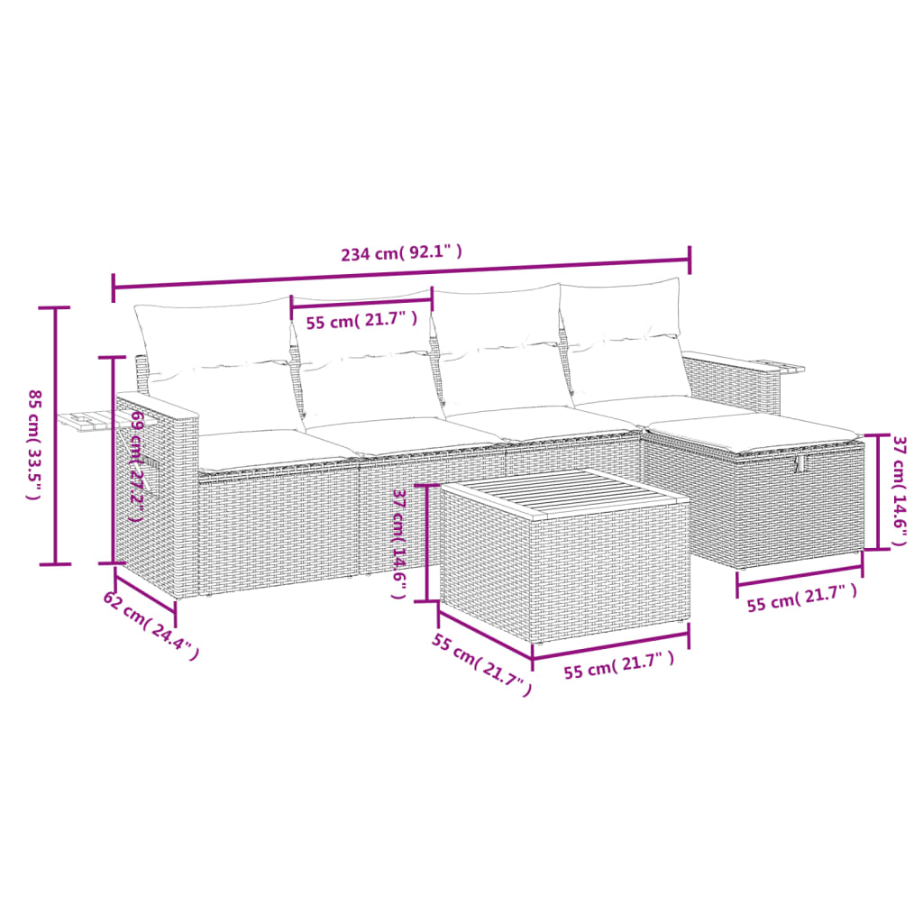 vidaXL 6-tlg. Garten-Sofagarnitur mit Kissen Grau Poly Rattan