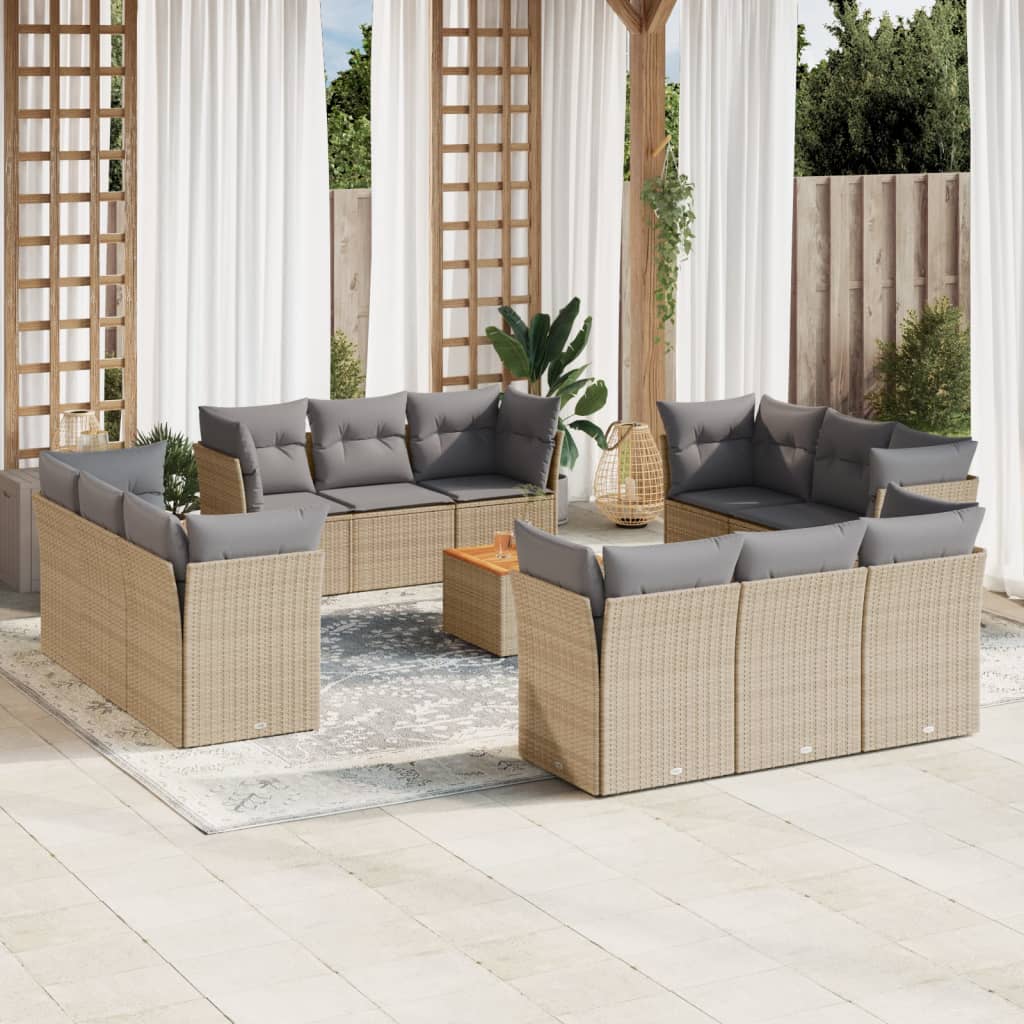 vidaXL 13-tlg. Garten-Sofagarnitur mit Kissen Beige Poly Rattan