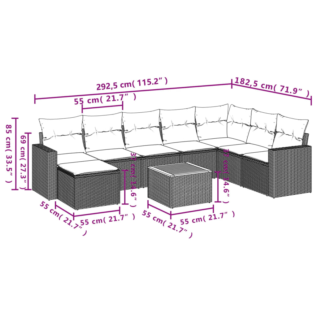 vidaXL 9-tlg. Garten-Sofagarnitur mit Kissen Beige Poly Rattan