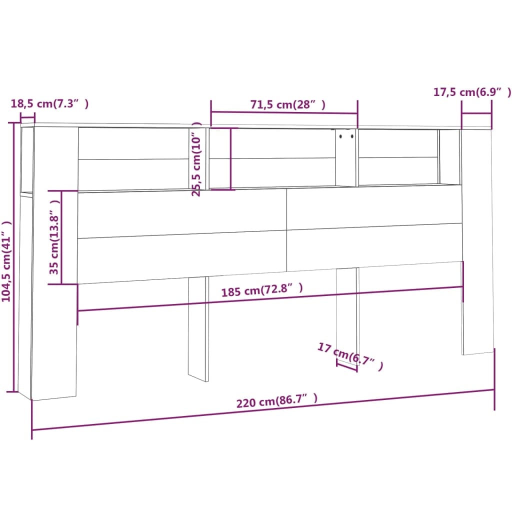 vidaXL Kopfteil mit Ablagen Sonoma-Eiche 220x18,5x104,5 cm