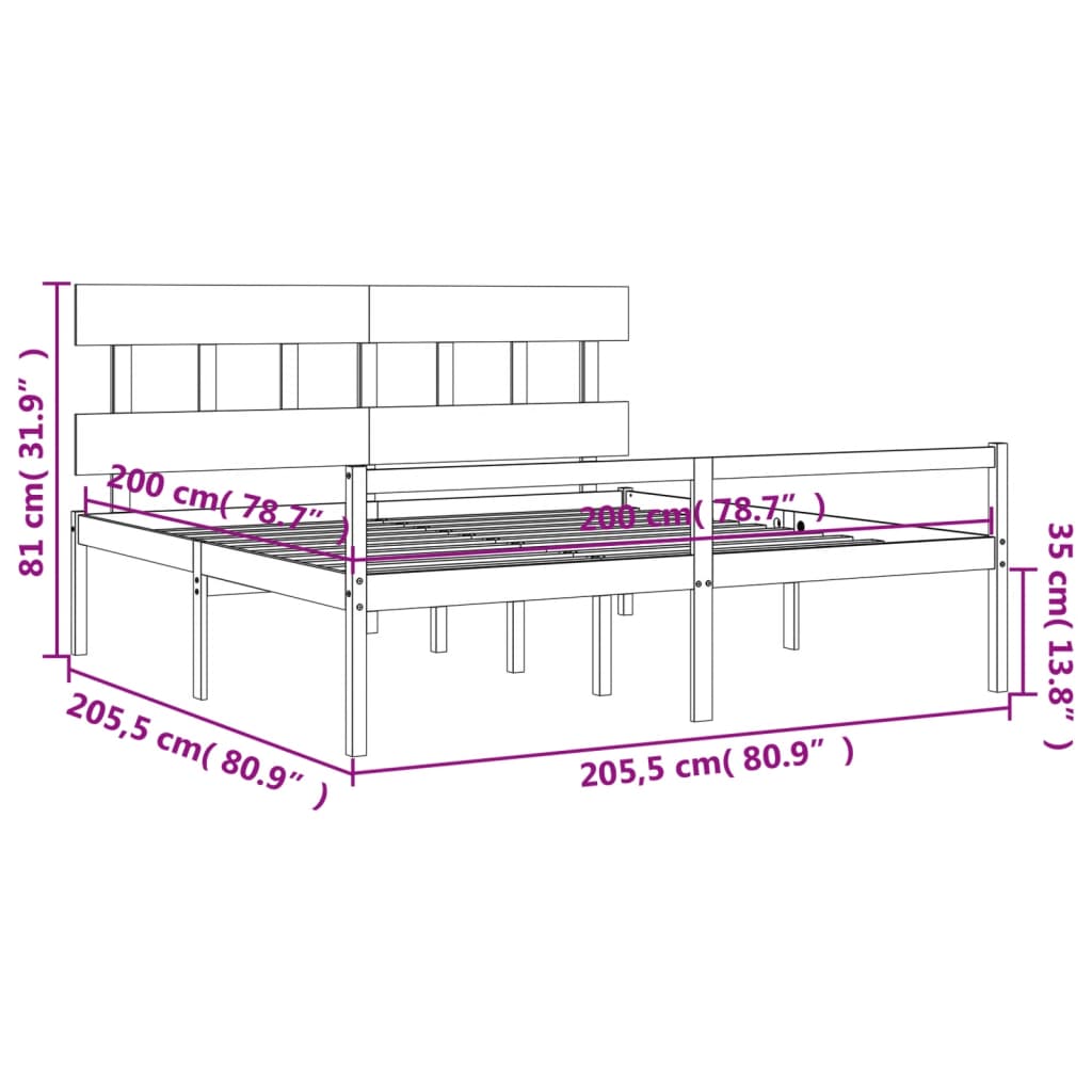 vidaXL Seniorenbett mit Kopfteil 200x200 cm Grau Massivholz